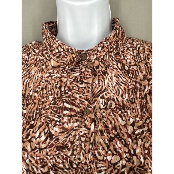 Rachel Zoe Top Womens Medium Brown Linen Animal Print Button Short Sleeve - Picture 3 of 7